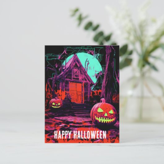 Roze Sinaasappel Paarse spookhuis Halloween Huis Briefkaart (Staand voorkant)