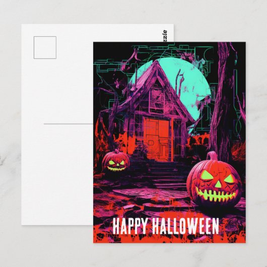 Roze Sinaasappel Paarse spookhuis Halloween Huis Briefkaart (Voorkant / Achterkant)