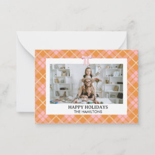 Roze Sinaasappel Plaid Bow Foto Kerst Kaart Notitiekaartje