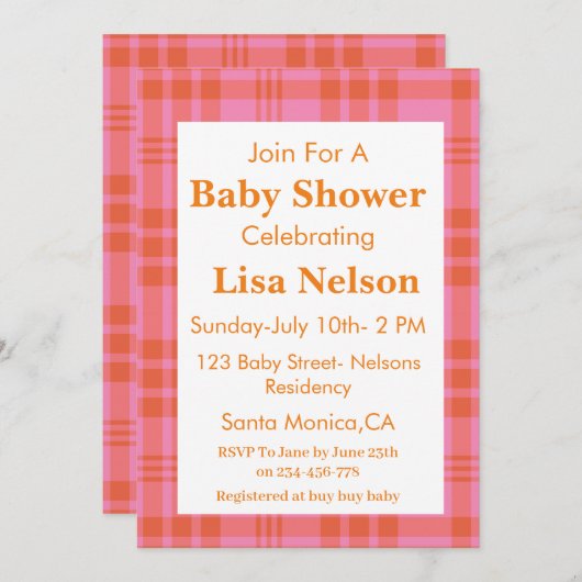 Roze Sinaasappel Plaid Gingham Geruite Baby shower Kaart (Voorkant / Achterkant)