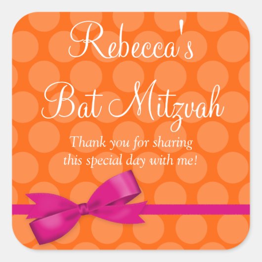 Roze Sinaasappel Polka Dot Gedrukt Bow Bat Mitzvah Vierkante Sticker (Voorkant)