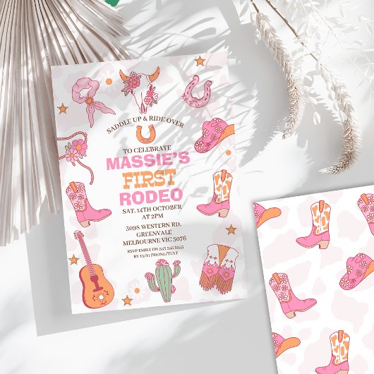 Roze Sinaasappel Retro 1e Rodeo Verjaardag Kaart