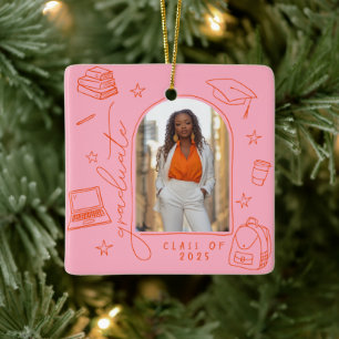 Roze Sinaasappel Retro Hand getekende foto Afstude Keramisch Ornament