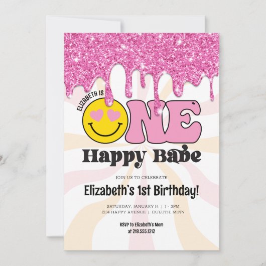 Roze Sinaasappel Retro One Happy Babe 1e Verjaarda Kaart (Voorkant)