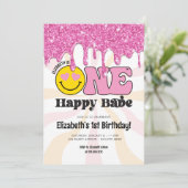 Roze Sinaasappel Retro One Happy Babe 1e Verjaarda Kaart (Staand voorkant)