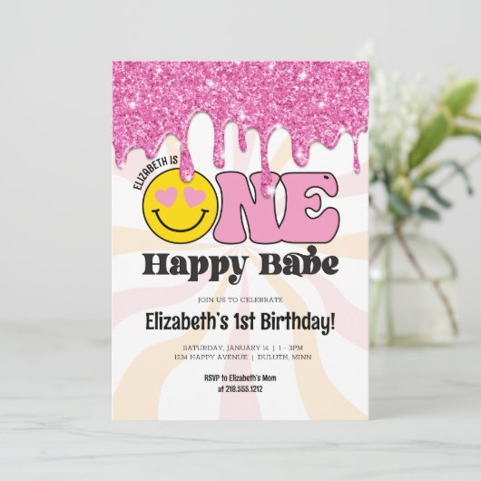 Roze Sinaasappel Retro One Happy Babe 1e Verjaarda Kaart (Staand voorkant)