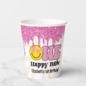 Roze Sinaasappel Retro One Happy Babe 1e Verjaarda Papieren Bekers (Achterkant)