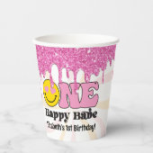Roze Sinaasappel Retro One Happy Babe 1e Verjaarda Papieren Bekers (Voorkant)