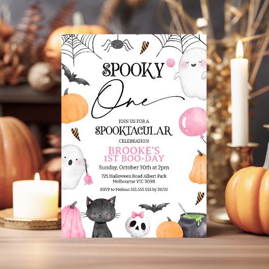 Roze Sinaasappel Spooky One Halloween 1st Birthday Kaart