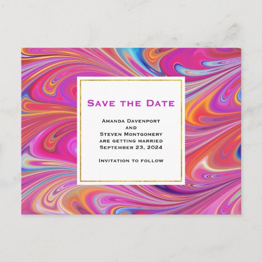 Roze Sinaasappel Swirls Abstract Design Save the D Uitnodiging Briefkaart (Voorkant)
