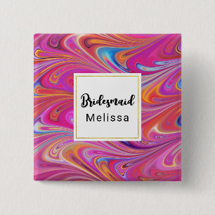 Roze Sinaasappel Swirls Groovy Design Bruidsmeisje Vierkante Button 5,1 Cm