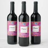 Roze Sinaasappel Swirls Groovy Design Cheers Wijn Etiket (Flessen)