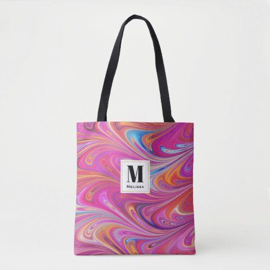 Roze Sinaasappel Swirls Groovy Design Monogram Tote Bag (Voorkant)