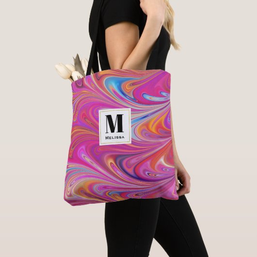Roze Sinaasappel Swirls Groovy Design Monogram Tote Bag (Dichtbij)