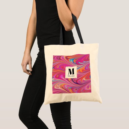 Roze Sinaasappel Swirls Groovy Design Monogram Tote Bag (Voorkant (product))