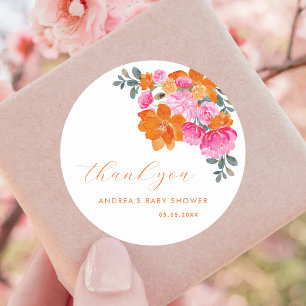 Roze Sinaasappel Vibrant Bloemen Baby shower Dank  Ronde Sticker
