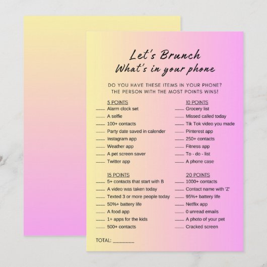 Roze Sinaasappel Wat zit er in je telefoon Brunch Kaart (Voorkant / Achterkant)