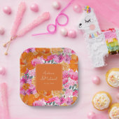 Roze Sinaasappel Waterverf Bloemen Zomer Bruiloft Papieren Bordje (Feest)