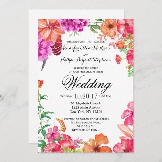 Roze Sinaasappel Waterverf Tuin Huwelijksuitnodigi Kaart (Voorkant / Achterkant)