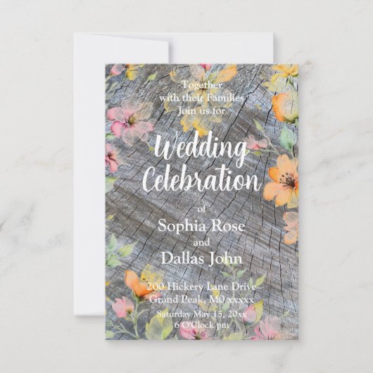 Roze sinaasappel wilde bloemen rustiek houtpatroon kaart (Voorkant)