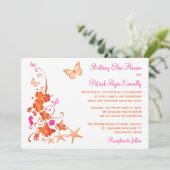 Roze, Sinaasappel, Wit Tropisch Strand Bruiloft ui Kaart (Staand voorkant)