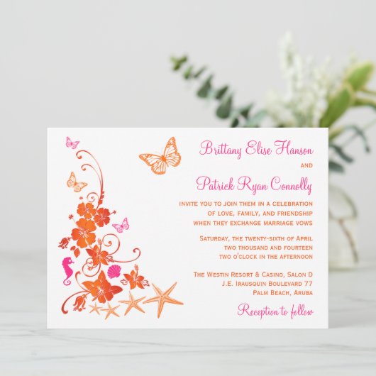 Roze, Sinaasappel, Wit Tropisch Strand Bruiloft ui Kaart (Staand voorkant)