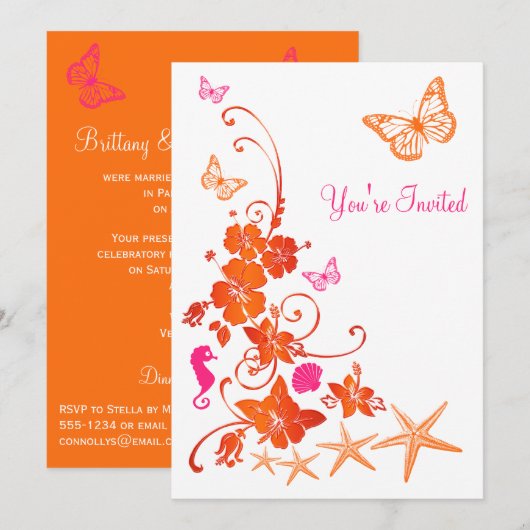 Roze, Sinaasappel, Wit Tropisch Strand Post Bruilo Kaart (Voorkant / Achterkant)