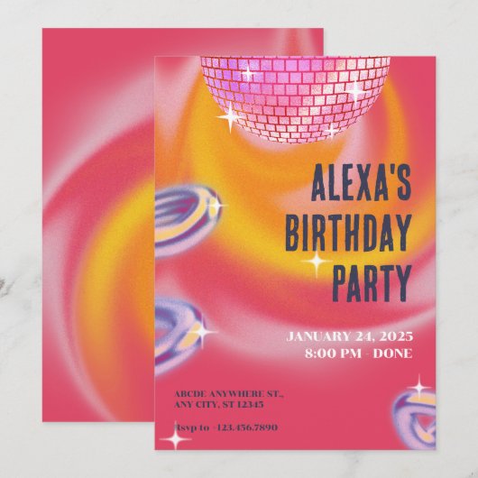 Roze sinaasappel y2k neon disco bal partij kaart (Voorkant / Achterkant)
