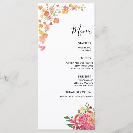 Roze & Sinaasappel Zomer Bloemen Huwelijk Menu (Voorkant)