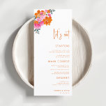 Roze Sinaasappel Zomer Bloemen Let's Eat Script Br Menu<br><div class="desc">Dit aardse huwelijksmenu met aangepaste tekst en levendige bloemen zou een prachtige aanvulling op uw feest zijn! Wijzig de tekst eenvoudig door te klikken op de "personaliseer deze sjabloon" optie.</div>