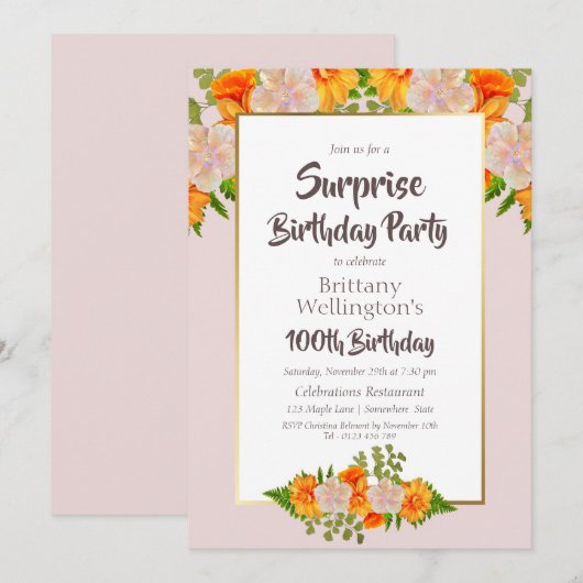 Roze Sinaasappels Bloemen Verrassing 100ste Verjaa Kaart (Voorkant / Achterkant)