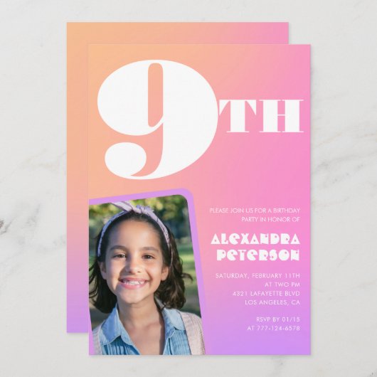 Roze Sinaasappels Gradiënt 9e verjaardagsuitnodigi Kaart (Voorkant / Achterkant)