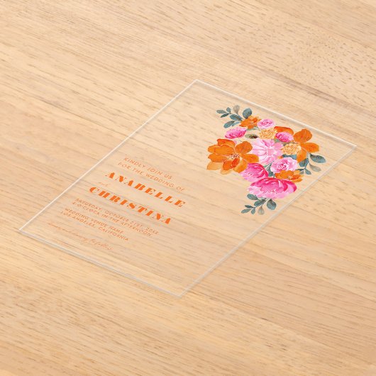 Roze Sinaasappels Waterverf Bloemen Transparant Hu Acryl Uitnodigingen (Laagn)