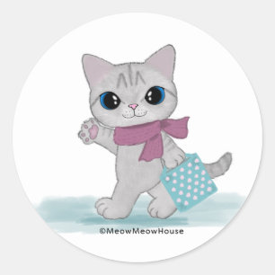 Roze sjaal kat ronde sticker