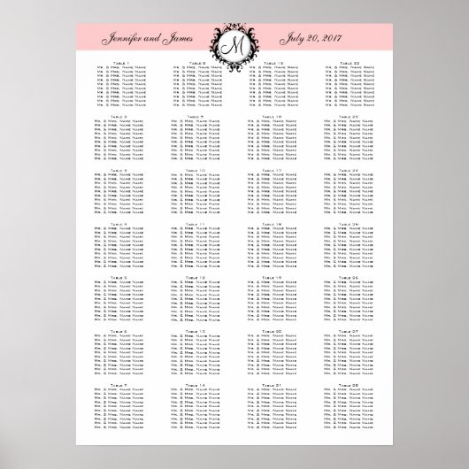 Roze Sjabloon Wedding Seating Chart 280 gasten Poster (Voorkant)