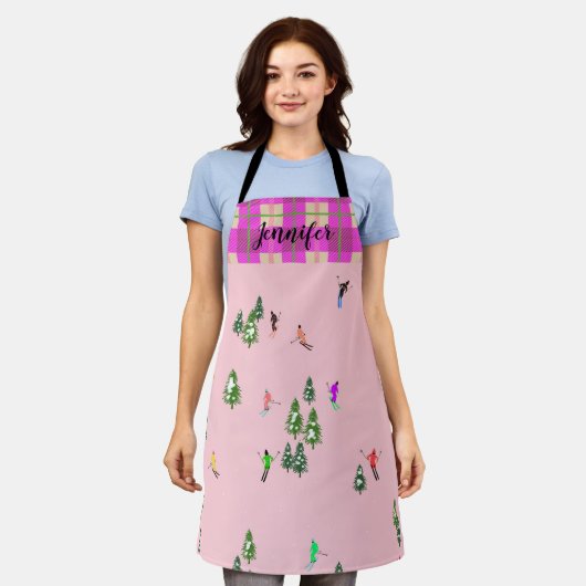 Roze Skiers Ski Kerstmis Skiing Holiday Naam Schort (Gedragen)