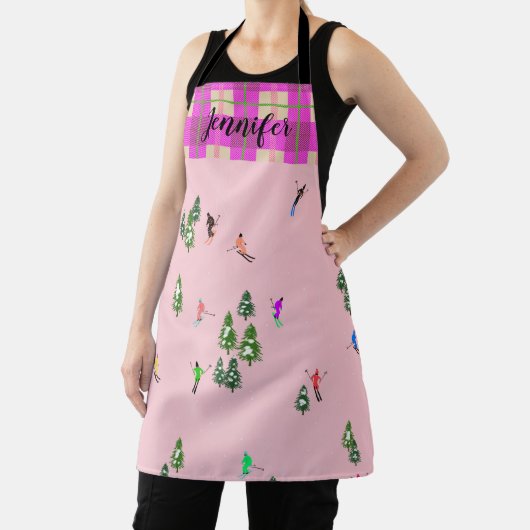 Roze Skiers Ski Kerstmis Skiing Holiday Naam Schort (Insitu)