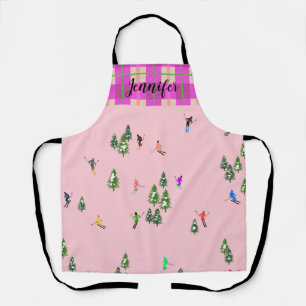 Roze Skiers Ski Kerstmis Skiing Holiday Naam Schort