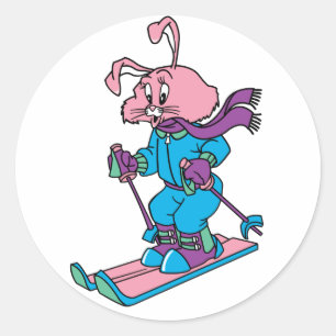 Roze Skiing Rabbit Ronde Sticker