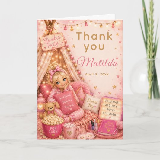Roze slaapfeestviering bedankkaart (Voorkant)