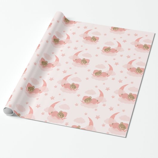 Roze Slapen Baby Beer op Moon Clouds & Stars Cadeaupapier (Uitgerold)