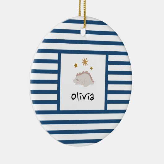 Roze slapy Baby Dino | Donkere blauwe strepe moder Keramisch Ornament (Rechts)