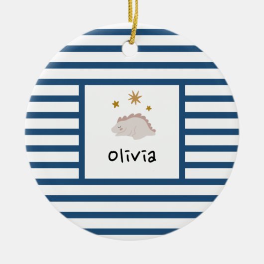 Roze slapy Baby Dino | Donkere blauwe strepe moder Keramisch Ornament (Voorkant)