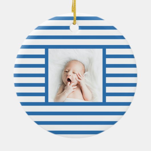 Roze slapy Baby Dino | Navy Blue Stripe Modern Keramisch Ornament (Achterkant)