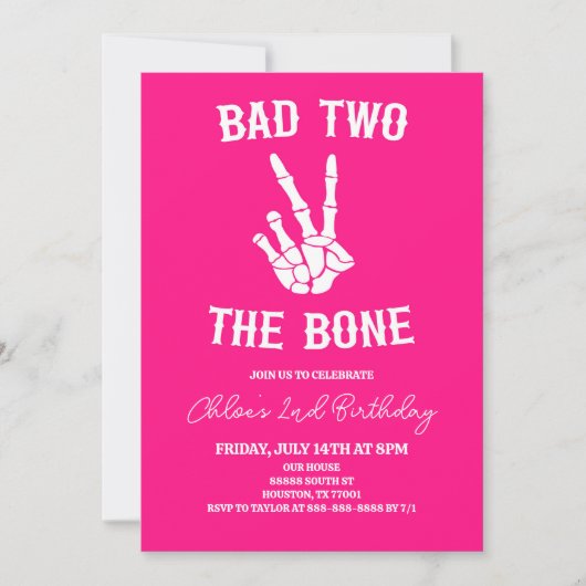 Roze Slechte Twee Het Bone Skelet 2e Verjaardagsfe Kaart (Voorkant)