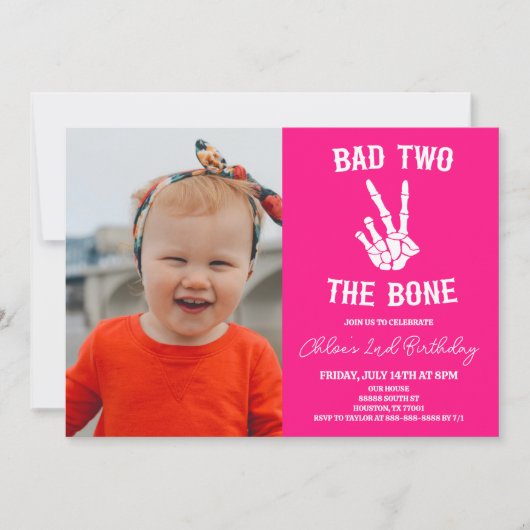 Roze Slechte Twee Het Bone Skelet 2e Verjaardagsfe Kaart (Voorkant)