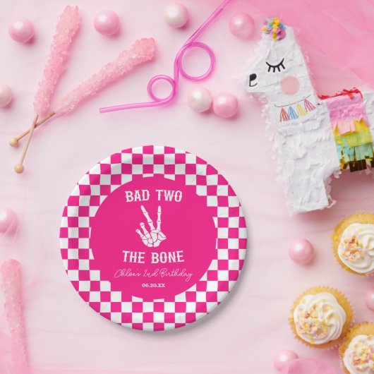 Roze Slechte Twee Het Bone Skelet 2e Verjaardagsfe Papieren Bordje (Feest)