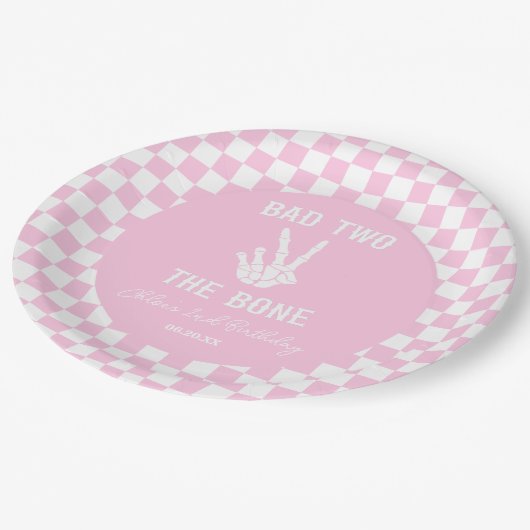 Roze Slechte Twee Het Bone Skelet 2e Verjaardagsfe Papieren Bordje (Gekanteld)
