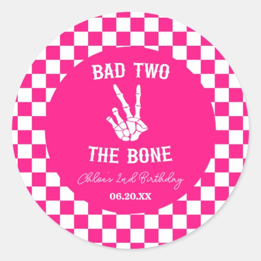 Roze Slechte Twee Het Bone Skelet 2e Verjaardagsfe Ronde Sticker (Voorkant)