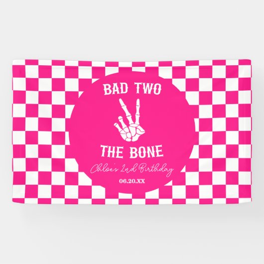 Roze Slechte Twee Het Bone Skelet 2e Verjaardagsfe Spandoek (Horizontaal)